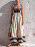 Marina™ | Vestido largo de rayas negras y beige con tirantes finos