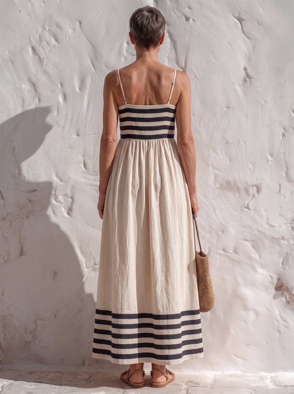 Marina™ | Vestido largo de rayas negras y beige con tirantes finos