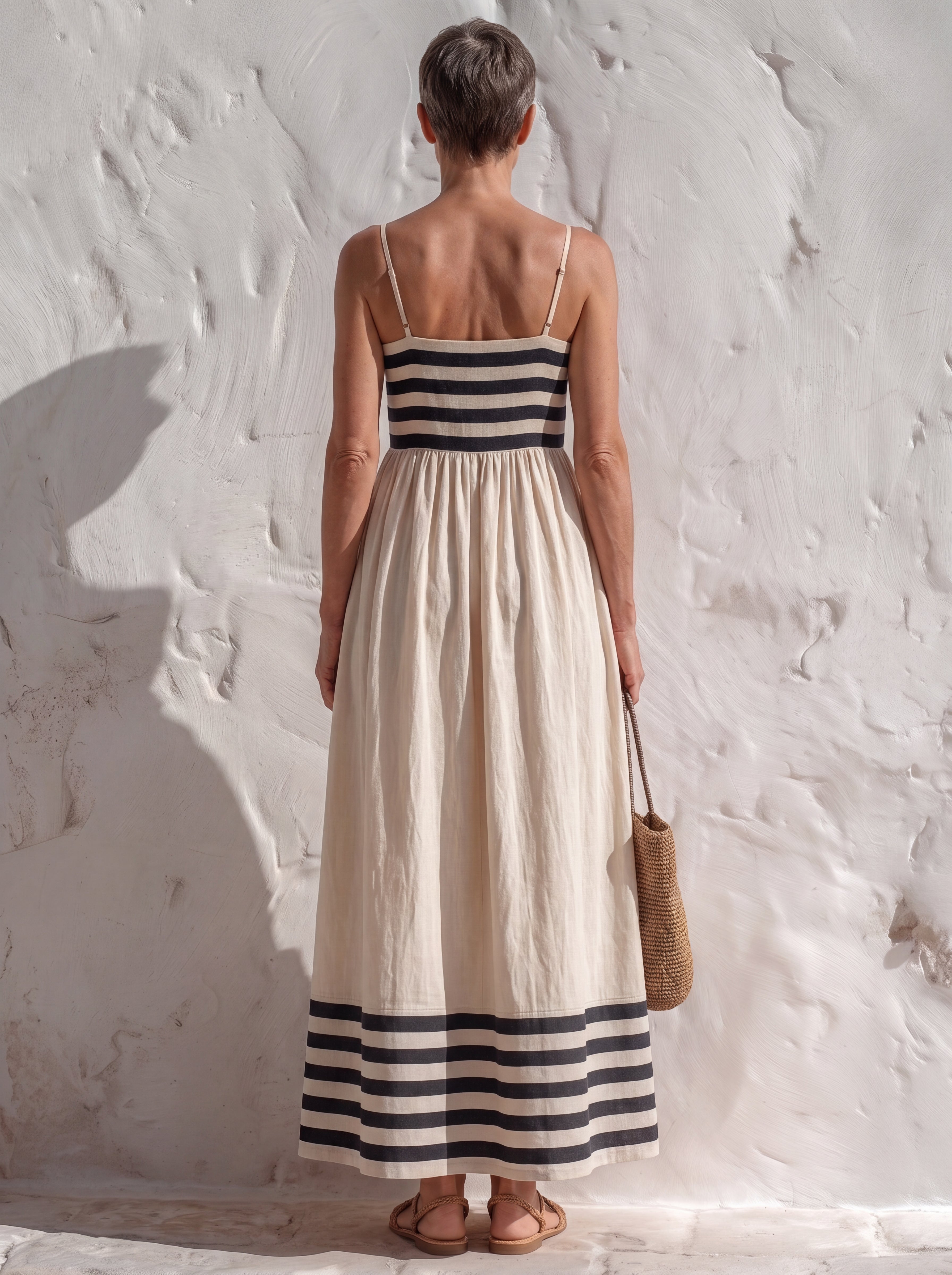 Marina™ | Vestido largo de rayas negras y beige con tirantes finos