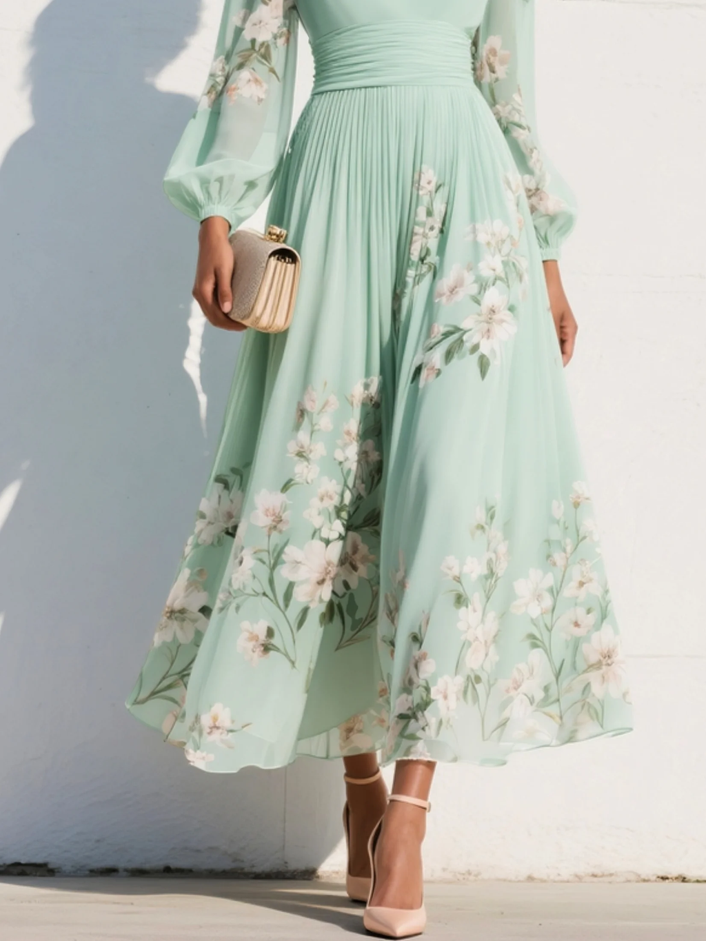 Cisella | Vestido midi verde claro con estampado floral