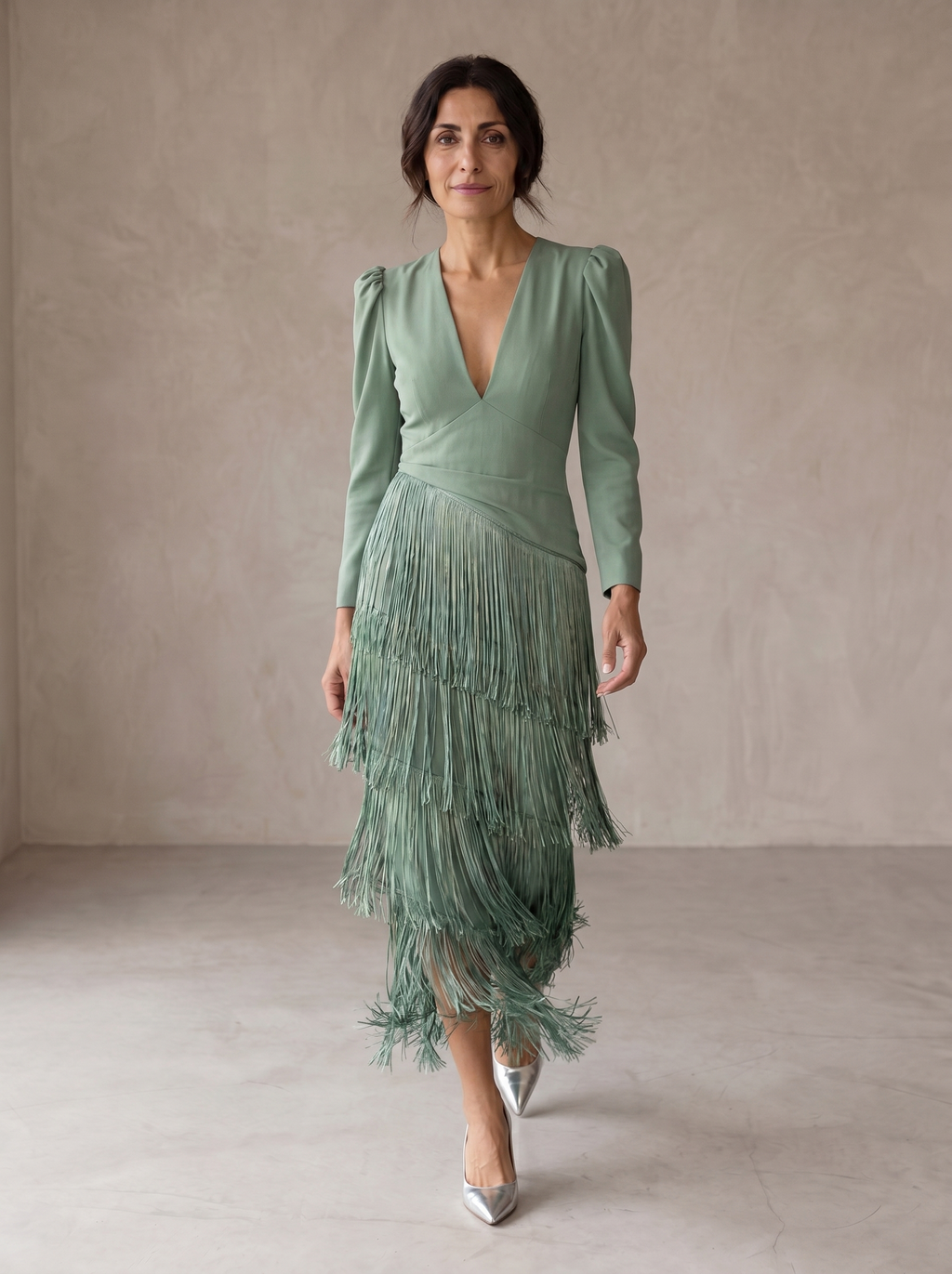 Chiara | Vestido elegante con mangas con flecos